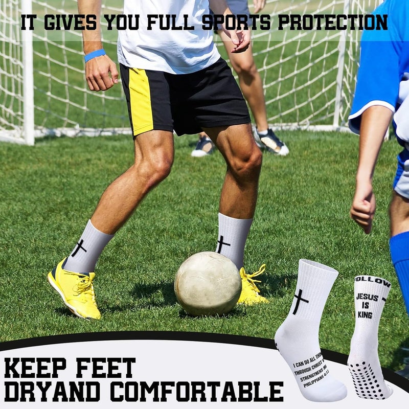 Jamntower 4 Pairs Cross Grip Soccer Socks with Bible Verse Anti Slip Religious Jesus Christian Football Sock with Rubber Dots - Image 5